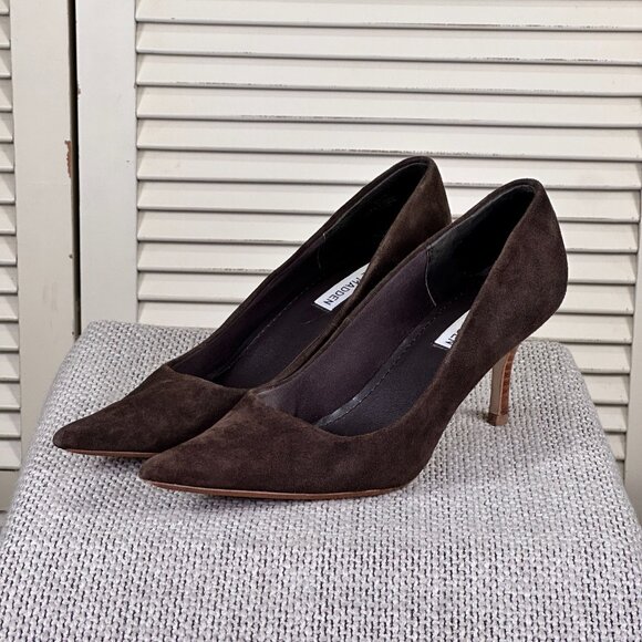 Steve Madden Excitte Dark Brown Suede Leather Heels Pumps Shoes Women's Size 6.5 - Picture 5 of 8
